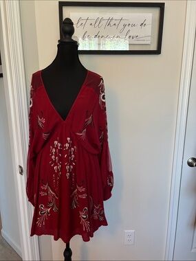 Free People Deep Red Embroidered V-Neck Tunic